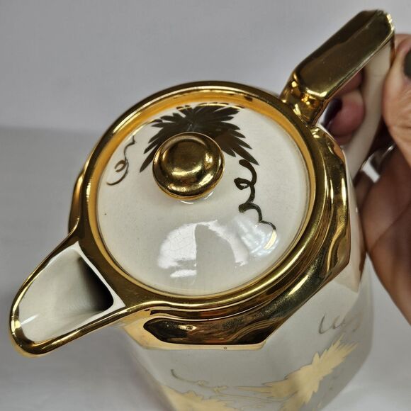 Vtg Price Bros Teapot Gold on  Cream Golden Grape Leaves Autumn Ceramic Lidded - Picture 5 of 13